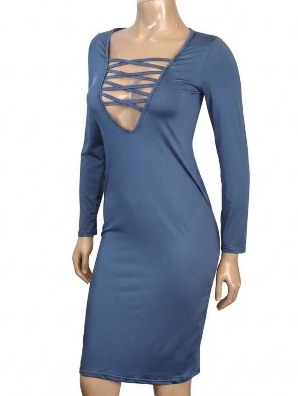 Shein Long Sleeve Bodycon Dress Lace Up Criss Cross Low Vneck Blue Bandage
